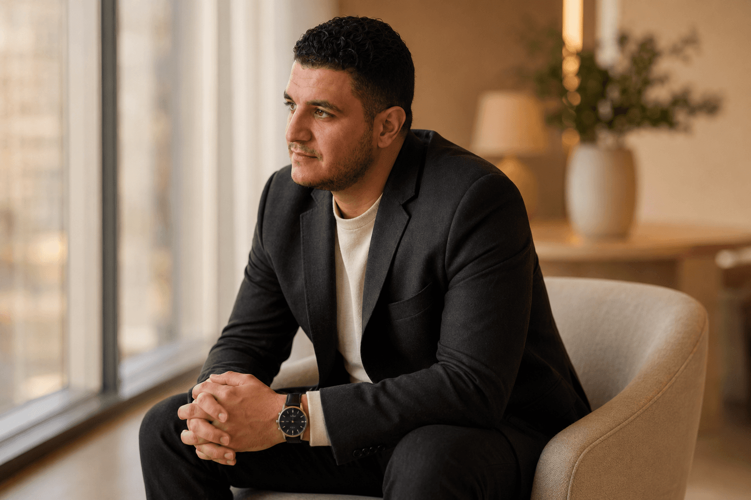 Ahmed Awad reflecting beside a window