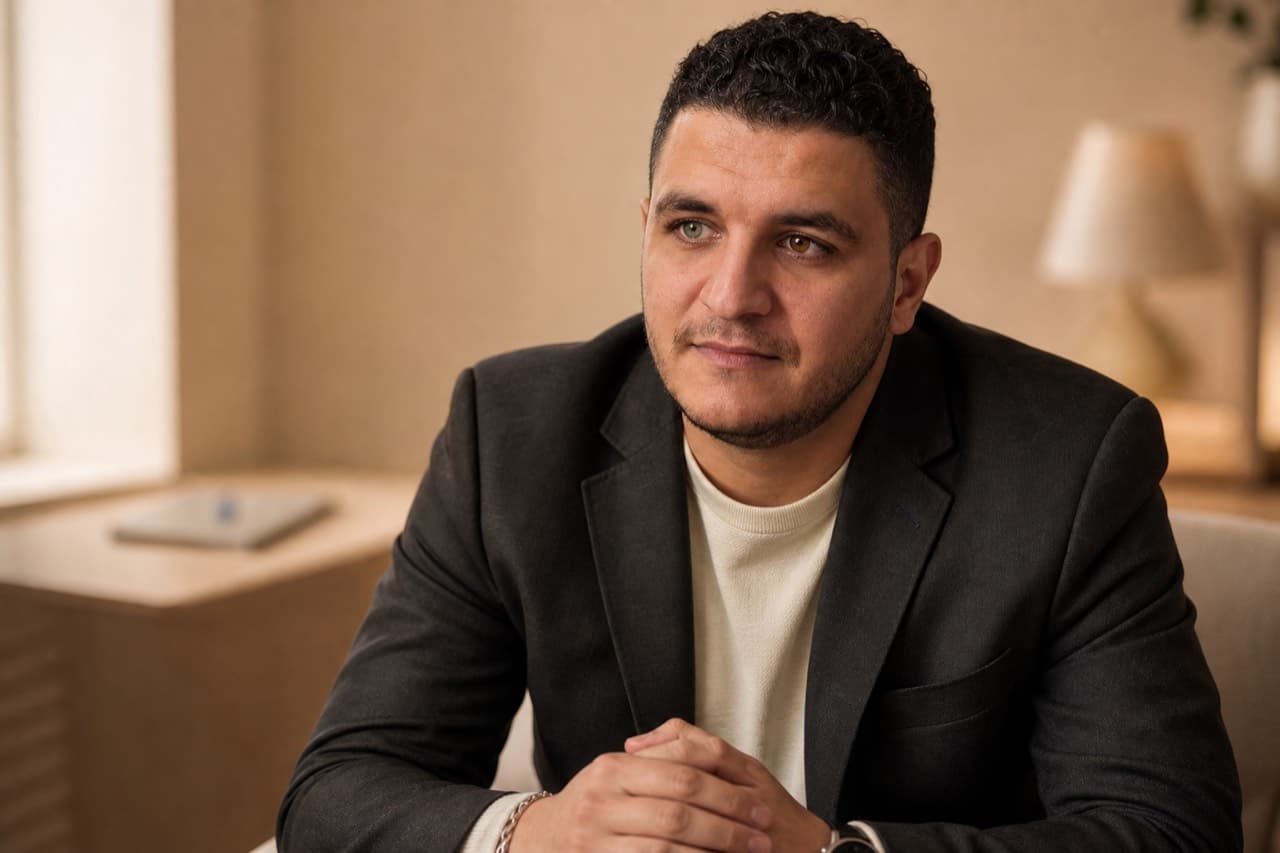 Ahmed Awad listening during a focused coaching conversation